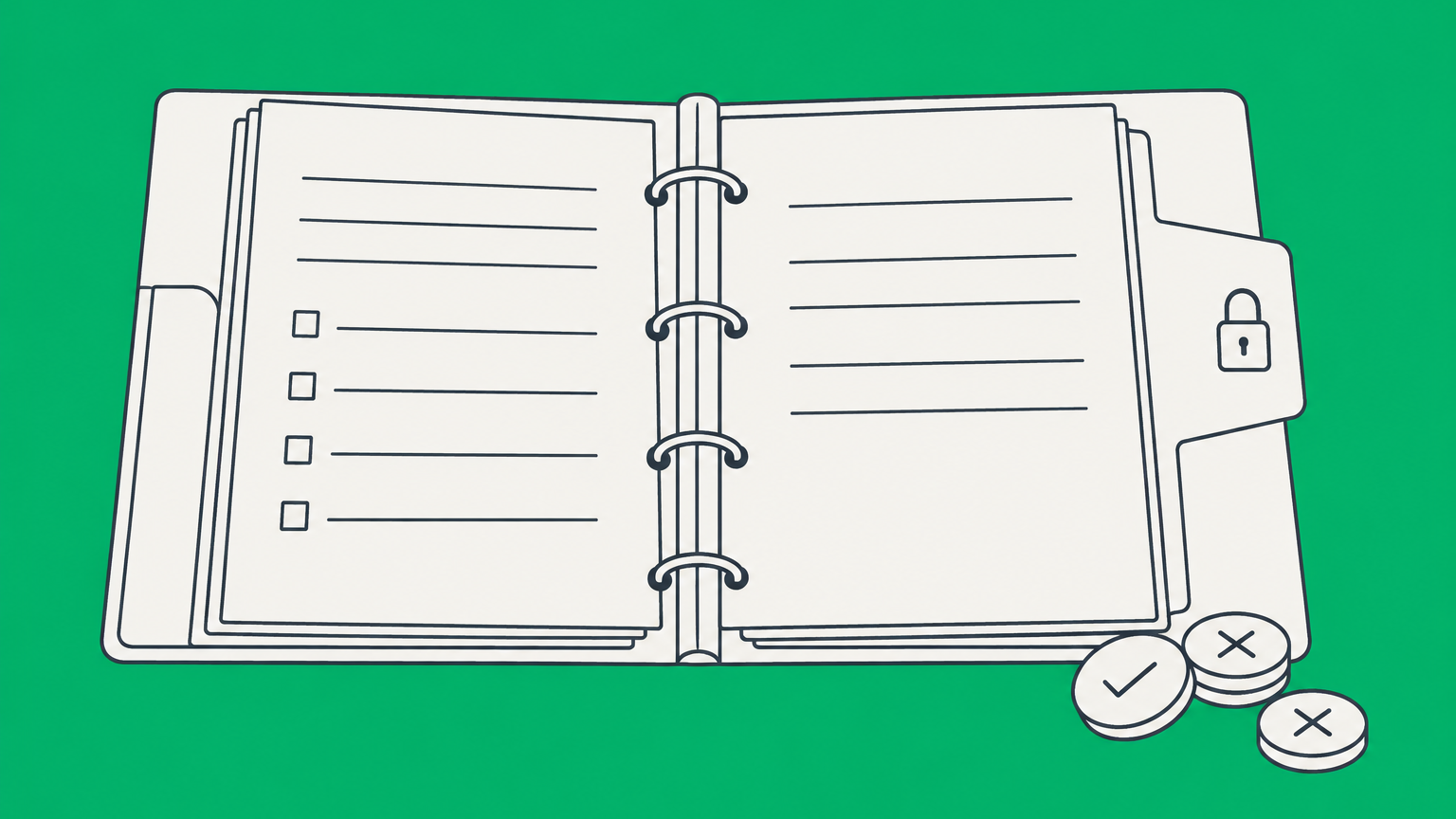 Flat illustration of an open ring binder with voting tokens and organized records representing LLC minutes.