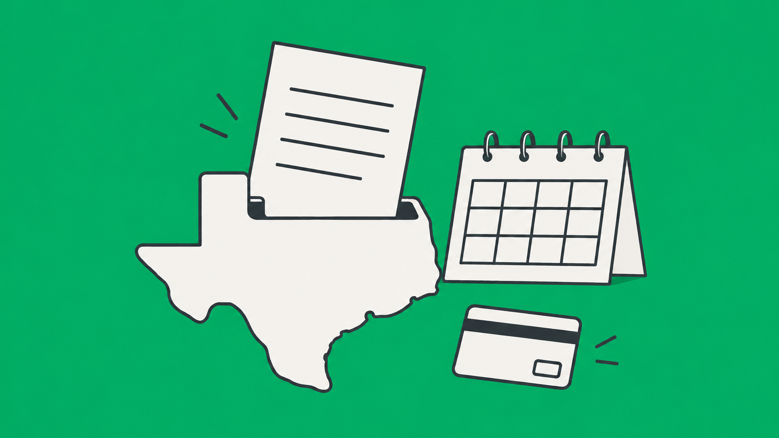 Flat illustration of a document entering a Tennessee-shaped filing tray beside a calendar and payment card for filing a Tennessee annual report.