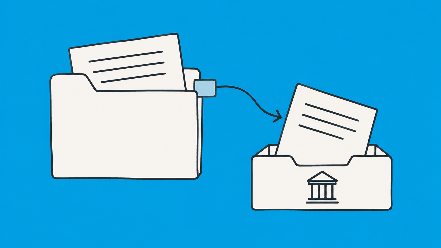 Flat illustration of a private document folder and a public filing tray connected by a revision tab, representing an LLC amendment.