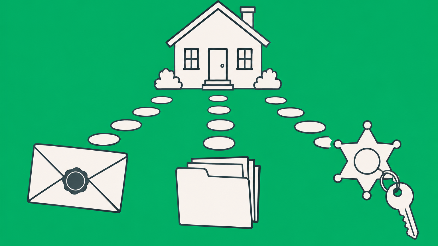 Flat illustration of a rental house, notice envelope, court file, and sheriff-controlled key representing the California tenant eviction process.