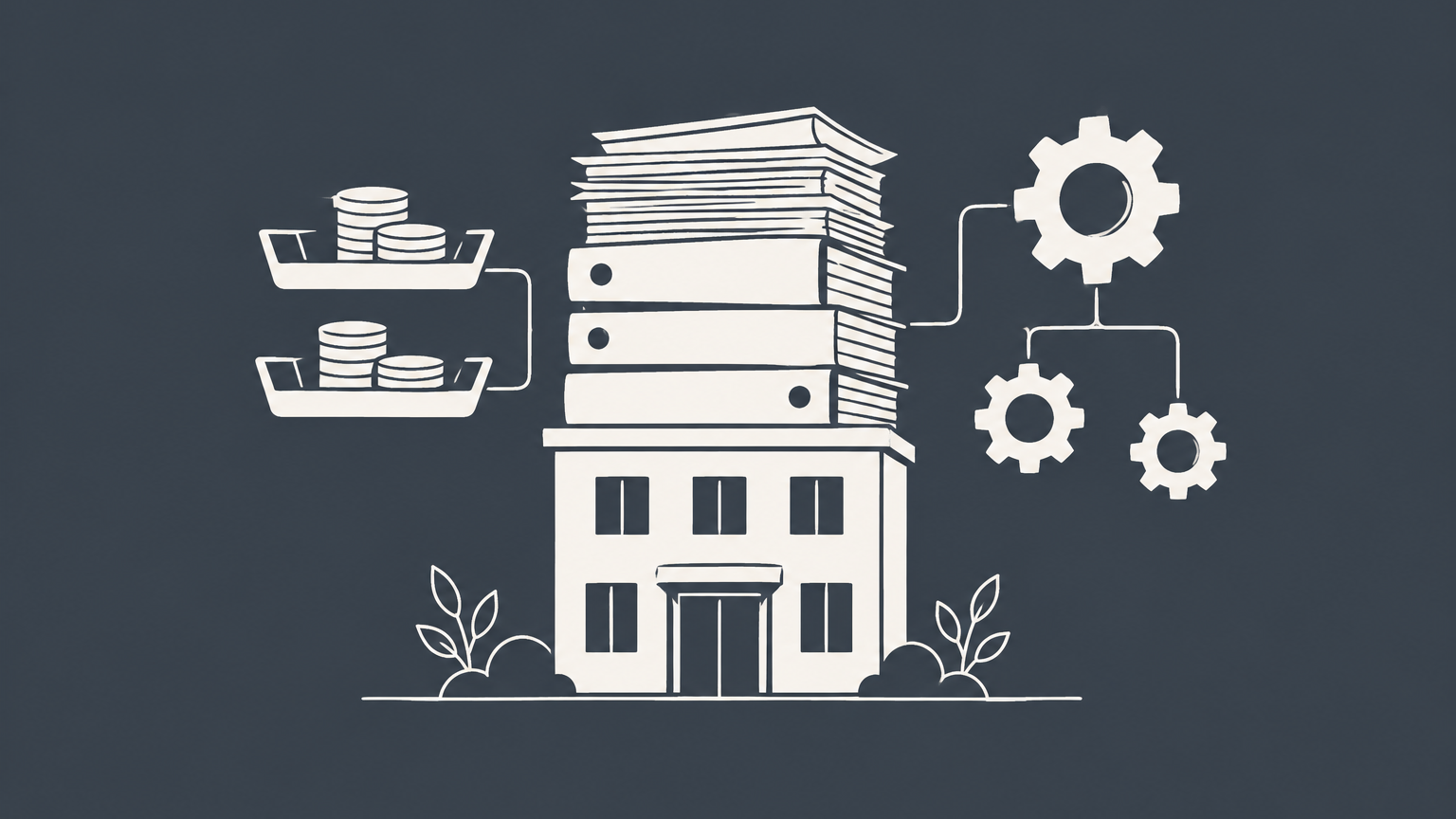 Flat illustration of an office building carrying folders, coin trays, and branching gears representing corporation disadvantages.