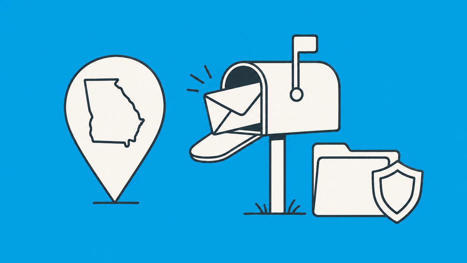 Flat illustration of a Georgia map pin, office mailbox, official envelope, and protected business folder representing a Georgia registered agent.