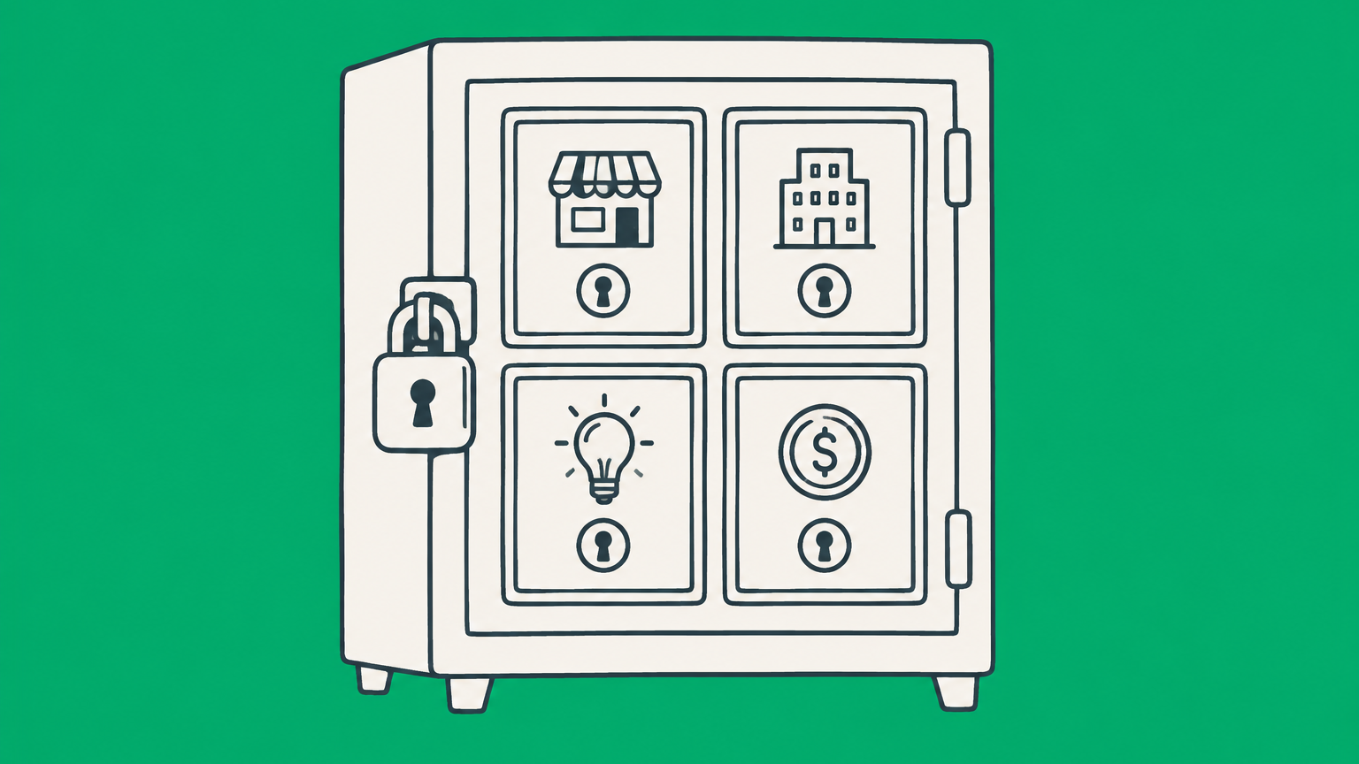Flat illustration of a locked cabinet holding separate asset boxes to represent a holding company structure.