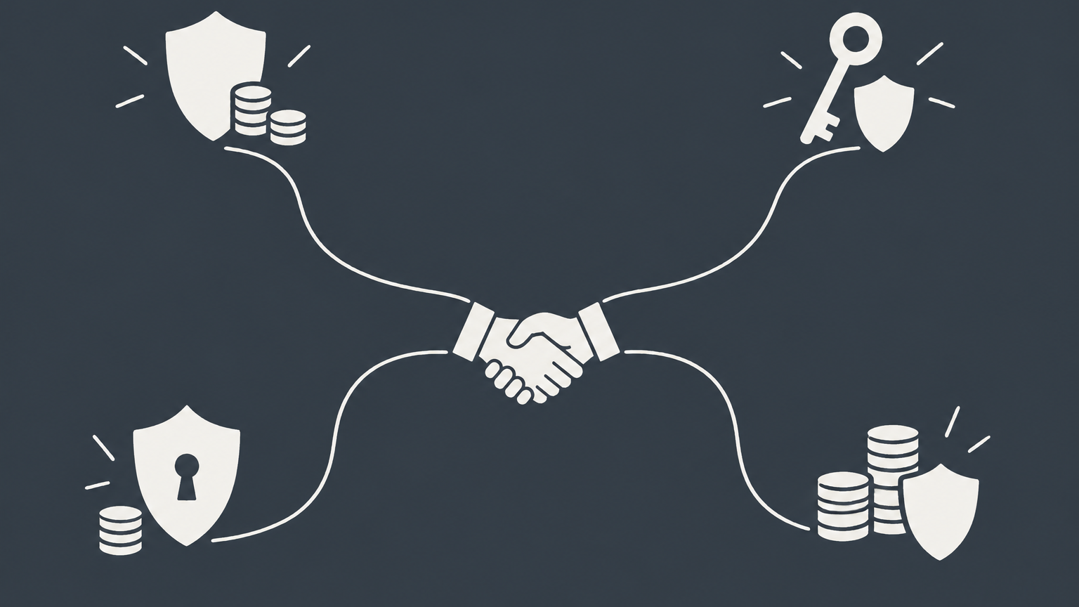 Flat illustration of four branching paths with shields, keys, and coins representing types of partnership business structures.