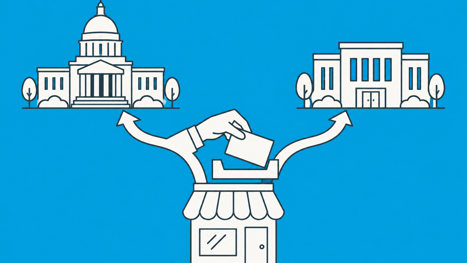 Flat illustration of a business name tag being routed to state or county filing offices for filing a DBA in New Jersey.