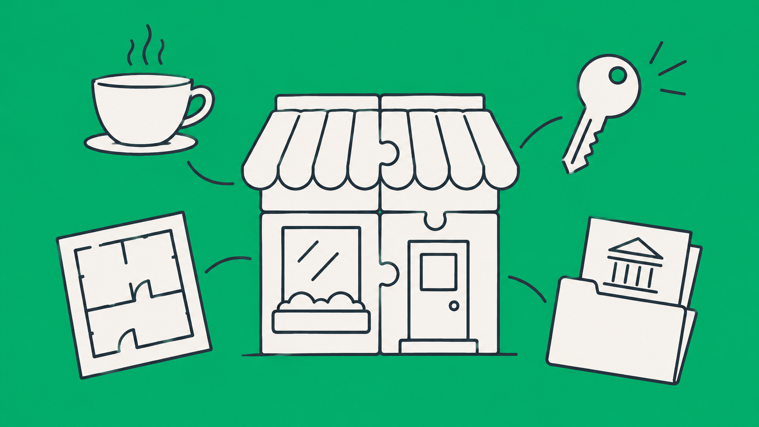 Flat illustration of a cafe storefront assembled from checklist tiles with a coffee cup, key, floor plan, and permit folder representing how to open a cafe.