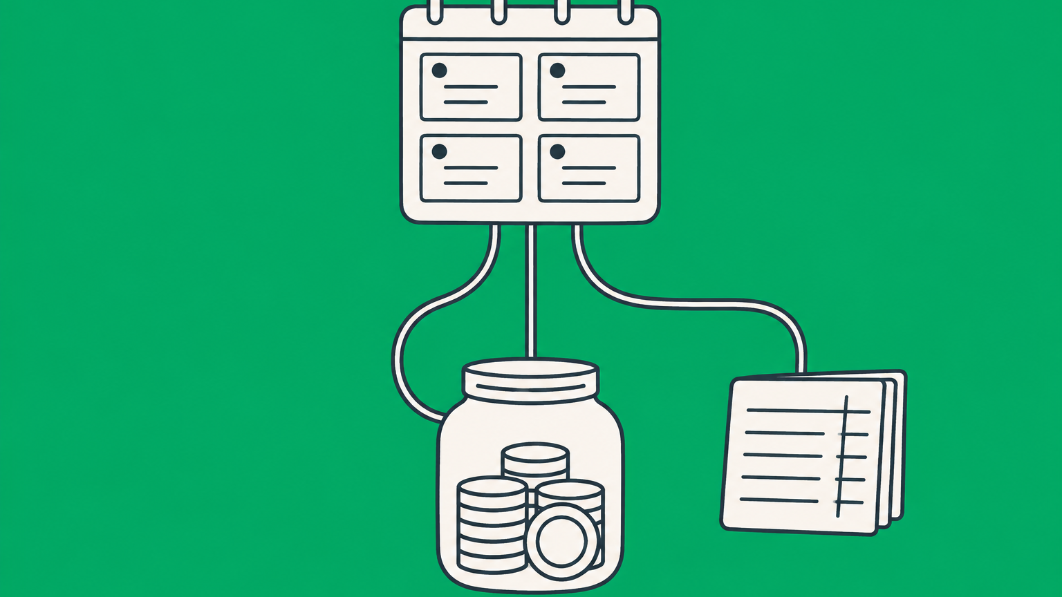 Flat illustration of a four-section calendar branching to different payment containers and a ledger to represent LLC quarterly taxes by tax classification.