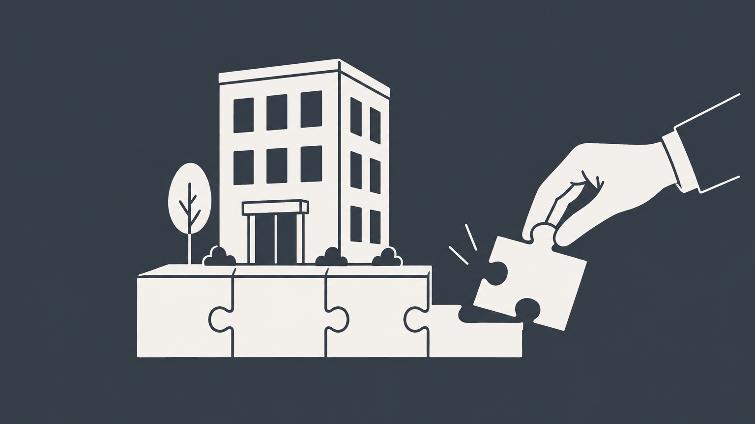 Flat illustration of an office building assembled on ownership tiles representing shares in a stock corporation.