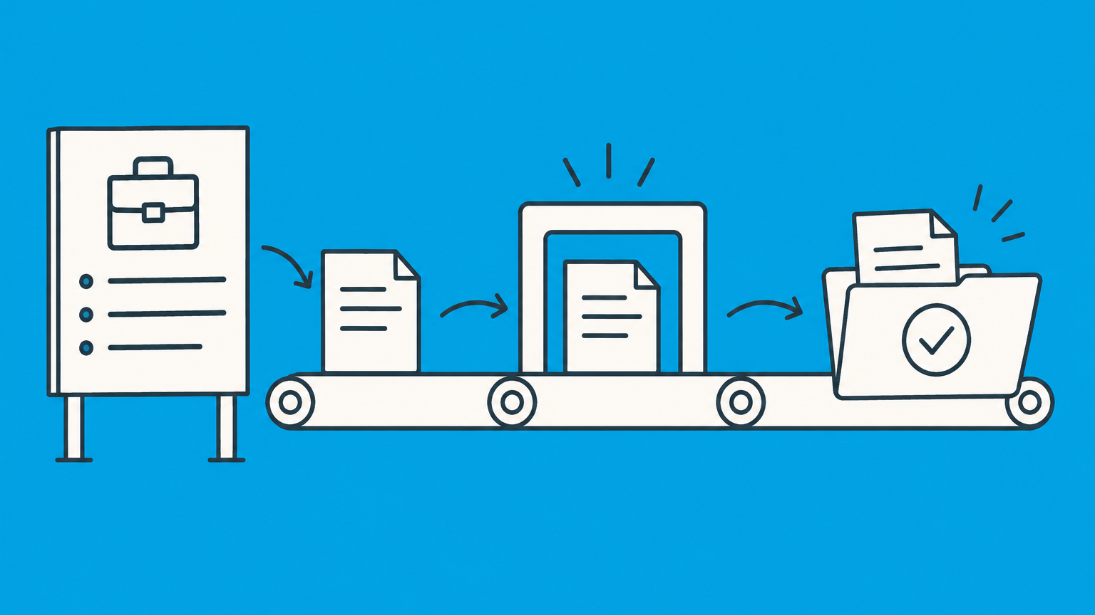 Flat illustration of an application sheet moving from a job-posting board into an approval folder to represent the ETA Form 9089 certification process.