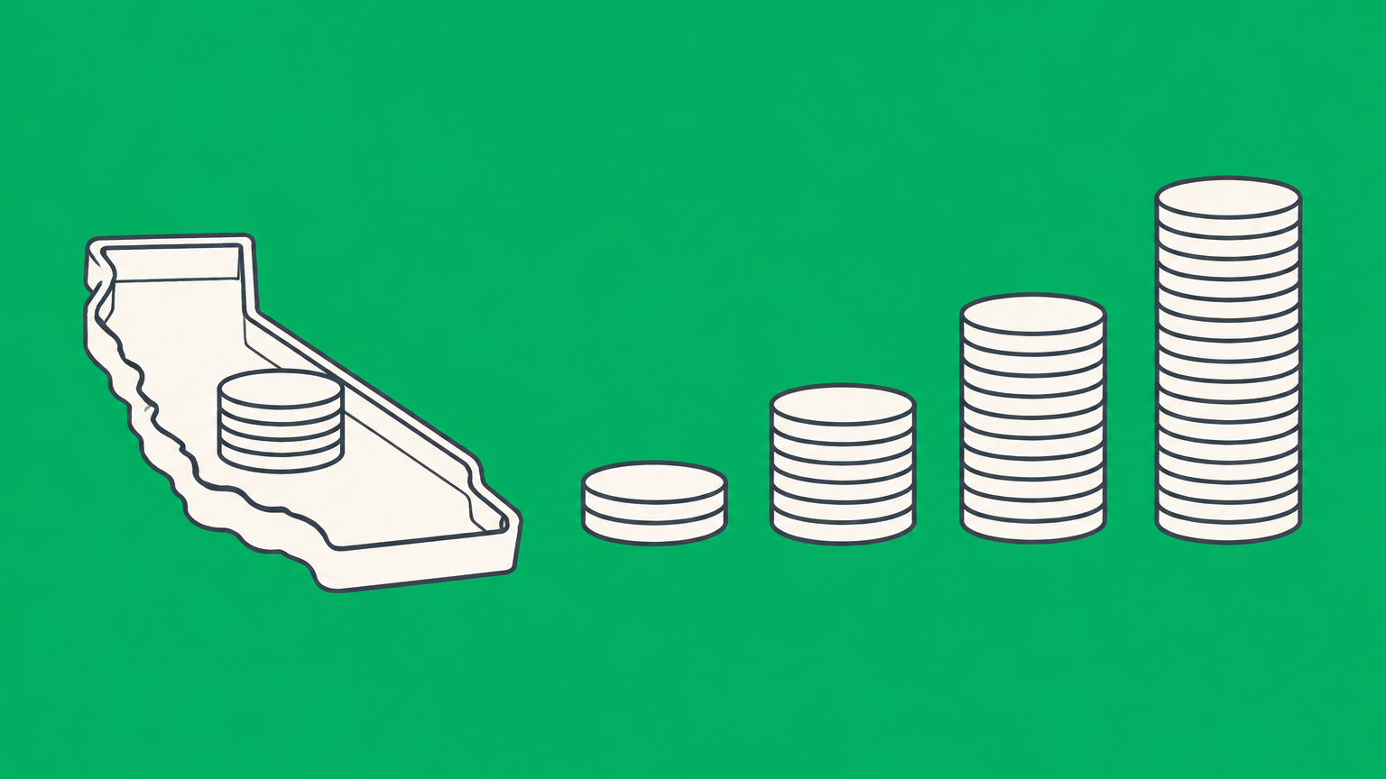 Flat illustration of a California-shaped tray with fixed and tiered coin stacks representing the California LLC tax rate and income-based fee schedule.