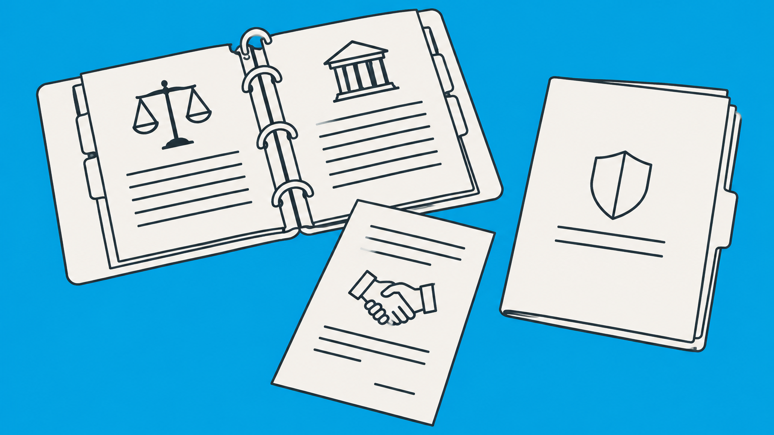 Flat illustration of a corporate records binder, rulebook, shareholder document, and separate LLC folder representing corporation operating agreements and bylaws.