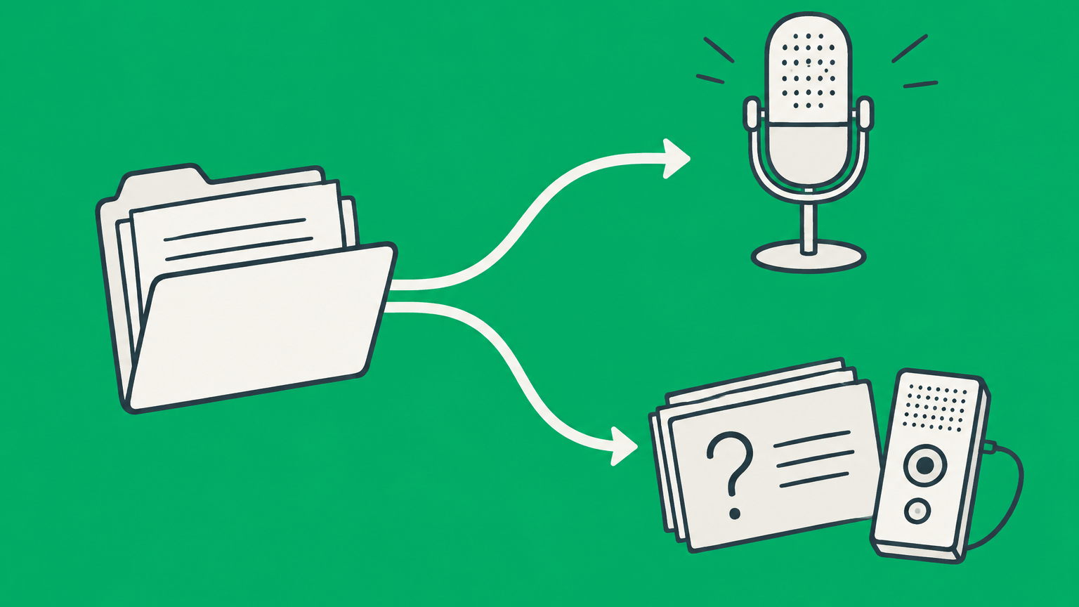 Flat illustration of a case folder branching toward a microphone and written question cards to represent oral and written deposition examples.