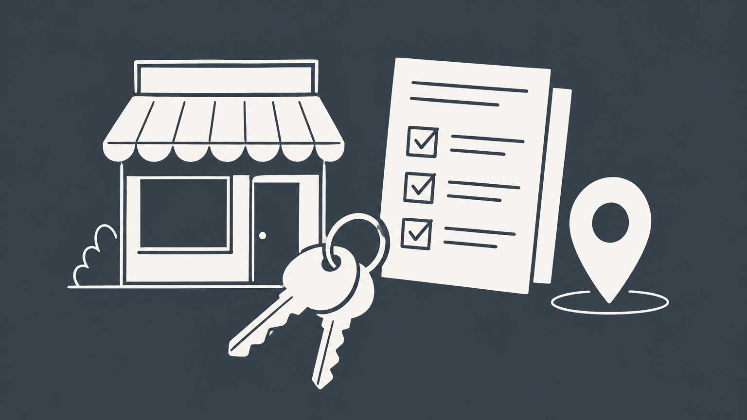 Flat illustration of a storefront, keys, permit sheets, and a location pin representing the legal requirements for opening a retail store.