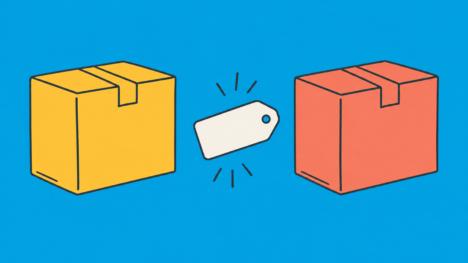 Flat illustration of two separate product boxes and a loose label-shaped comparison marker representing the use of a trademarked word.