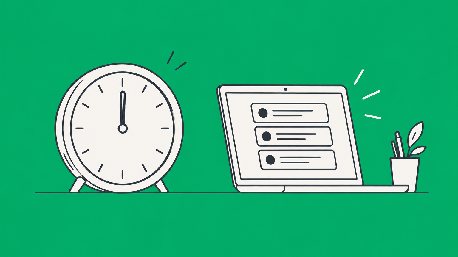 Flat illustration of a stopped time clock beside an active laptop representing working off the clock.