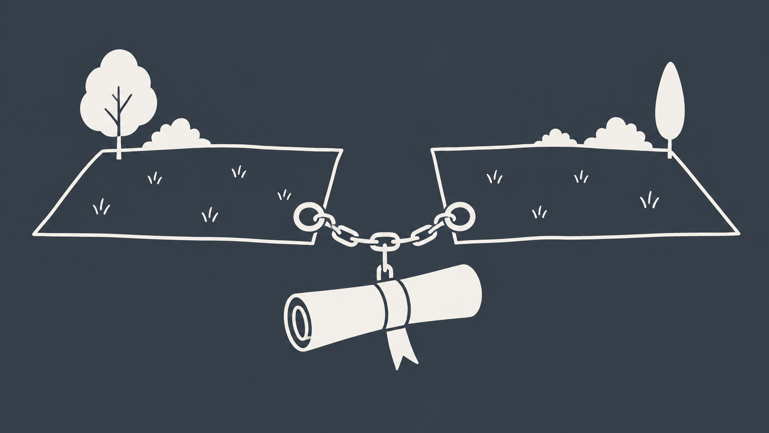 Flat illustration of two land parcels connected by a chain clasp and rolled deed representing a legal covenant.