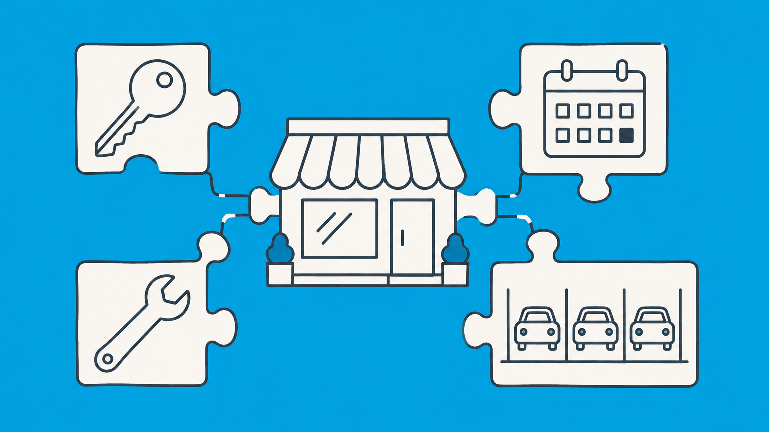 Flat illustration of a retail storefront, key, calendar, maintenance wrench, and shared parking spaces representing a shopping center lease agreement.