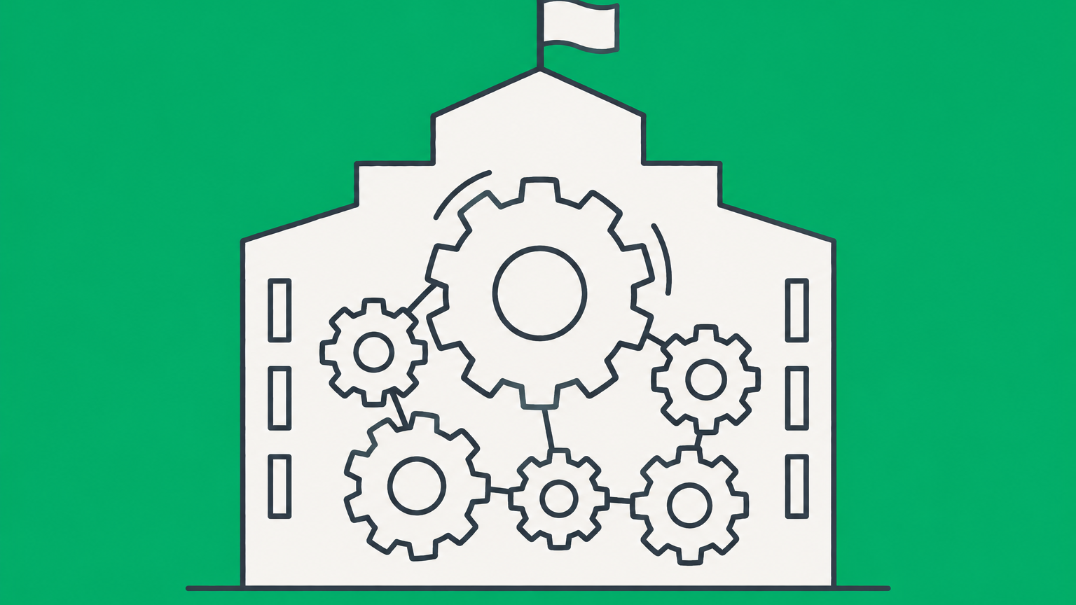 Flat illustration of one large gear directing smaller interlocked gears to represent a controlling shareholder's influence over a company.