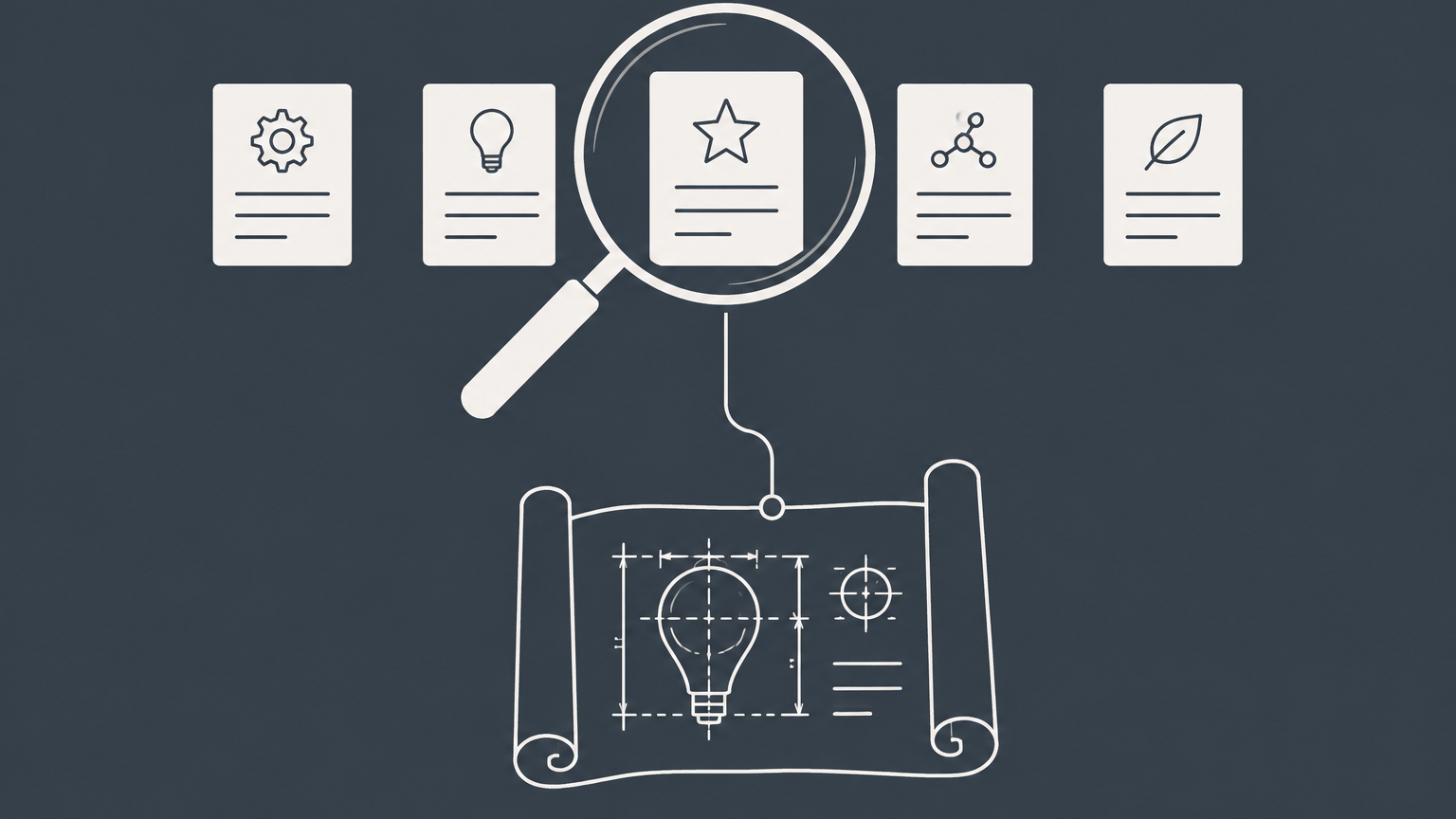 Flat illustration of a magnifying glass selecting a registry card beside an invention blueprint for a USPTO attorney search.