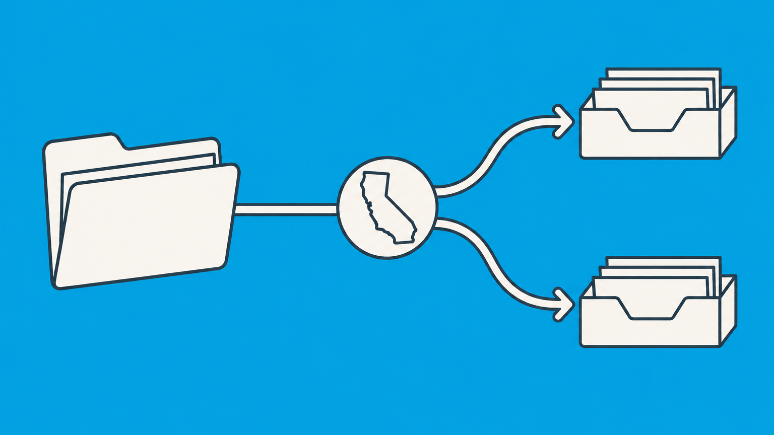 Flat illustration of a business folder splitting toward two document trays to represent choosing the correct California partnership return.