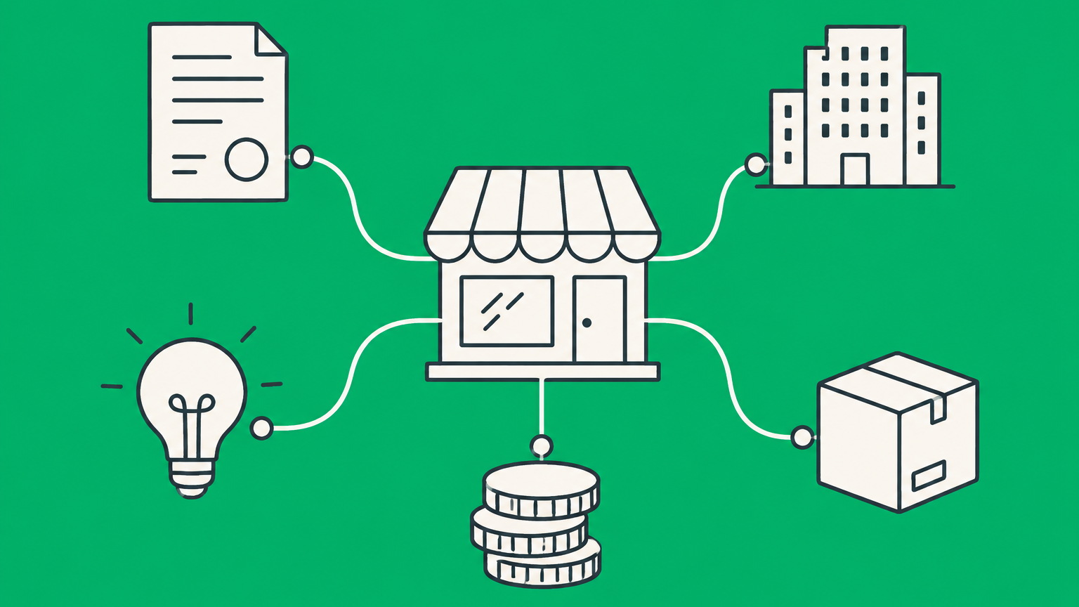Flat illustration of a storefront branching toward business objects that represent the major areas of commercial law.