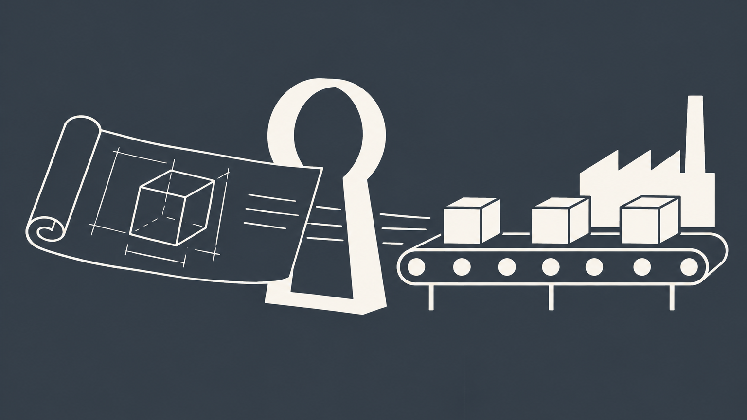 Flat illustration of a blueprint passing through a licensing gate into a factory conveyor, representing a manufacturing license agreement.