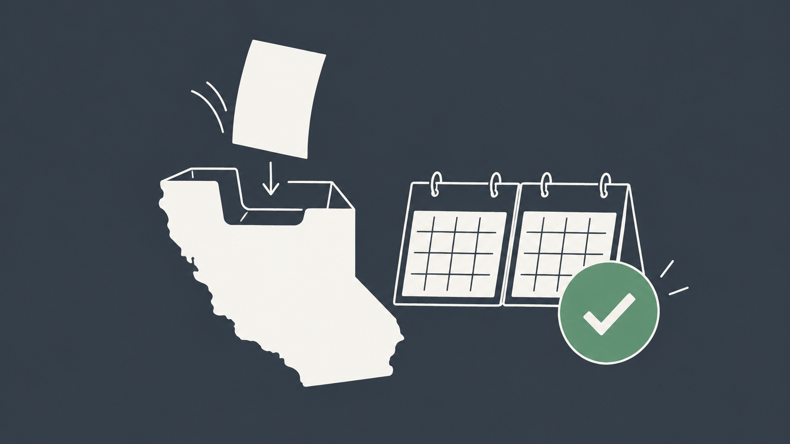 Flat illustration of a filing sheet entering a California-shaped inbox beside a calendar, representing the California LLC Secretary of State Statement of Information.