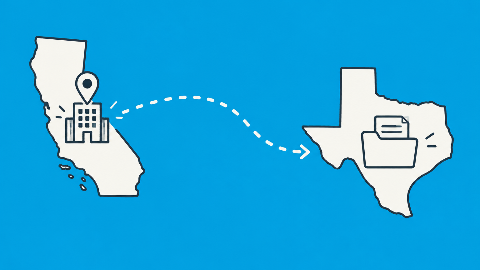 Flat illustration of a corporation anchored in its home state and registering in another state to explain domestic corporation status.