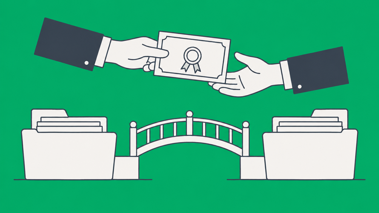 Flat illustration of a share certificate tile moving between company record folders to represent a stock transfer agreement.