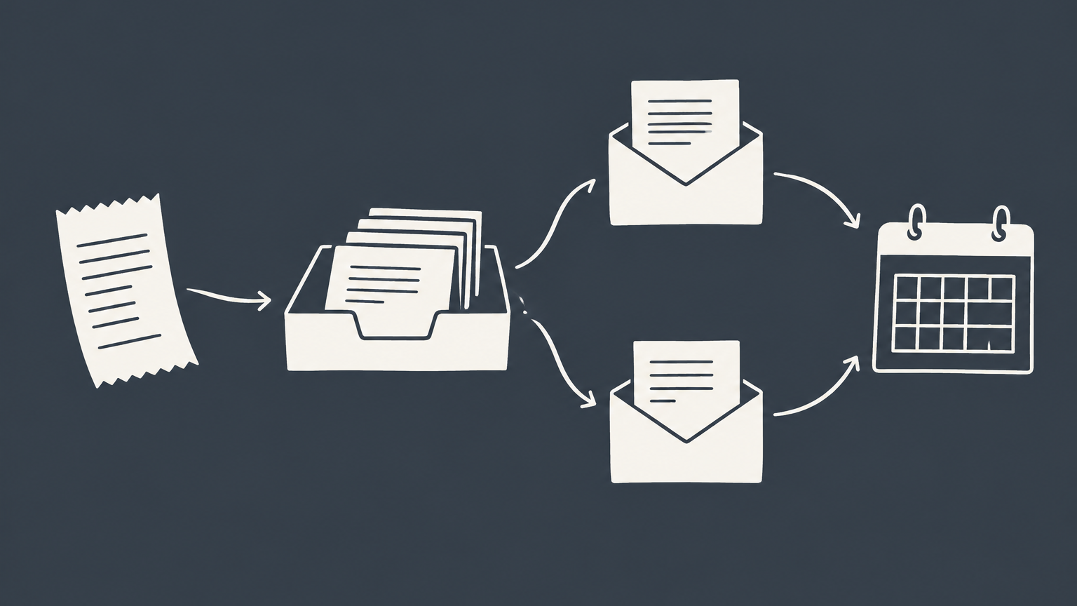 Flat illustration of a payment receipt branching into tax-form envelopes and a calendar to represent when to issue a 1099.