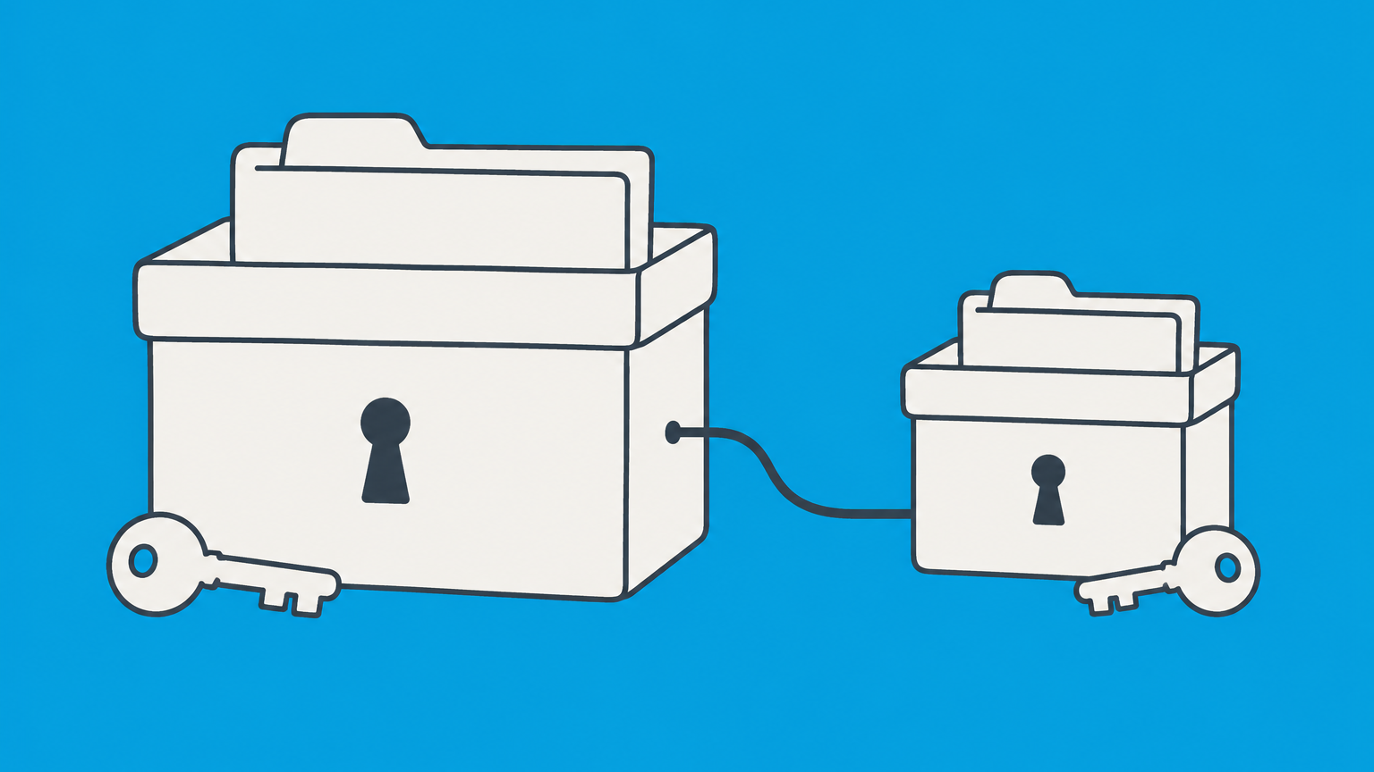 Flat illustration of two connected lockable file boxes with separate folders and keys representing an LLC subsidiary structure.
