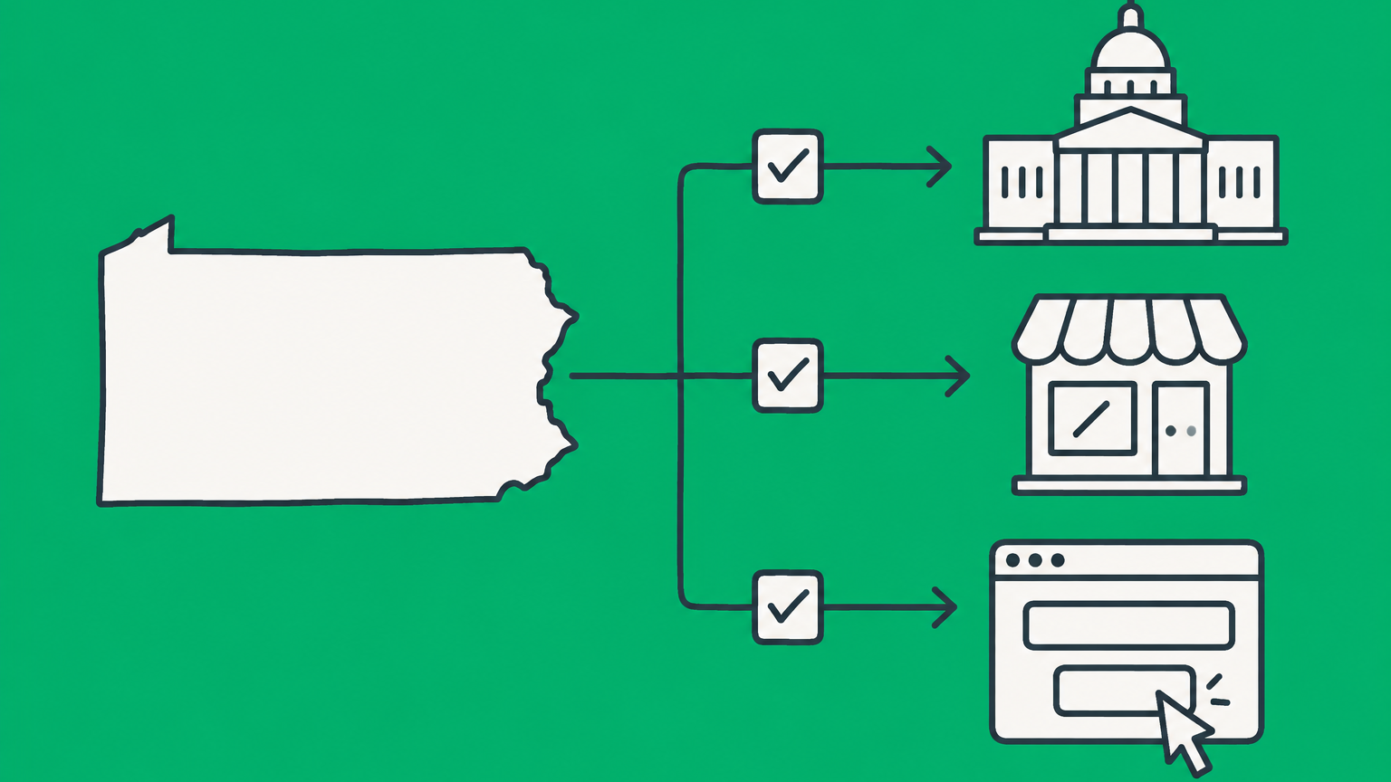 Flat illustration of a Pennsylvania map and branching license paths representing Pennsylvania business license requirements and applications.