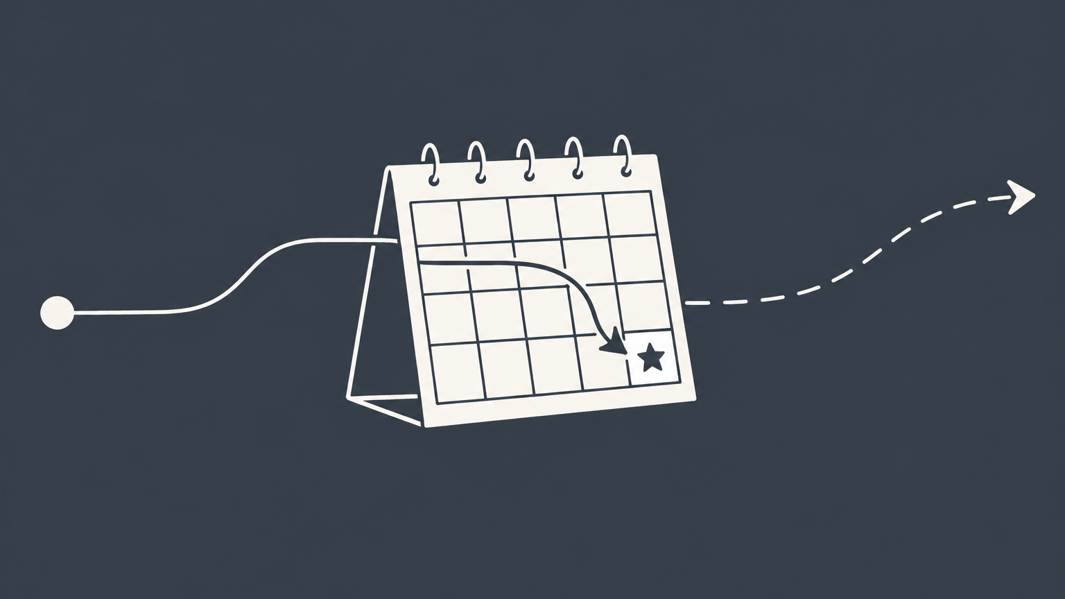 Flat illustration of a desk calendar with fixed and continuing paths representing employment duration.