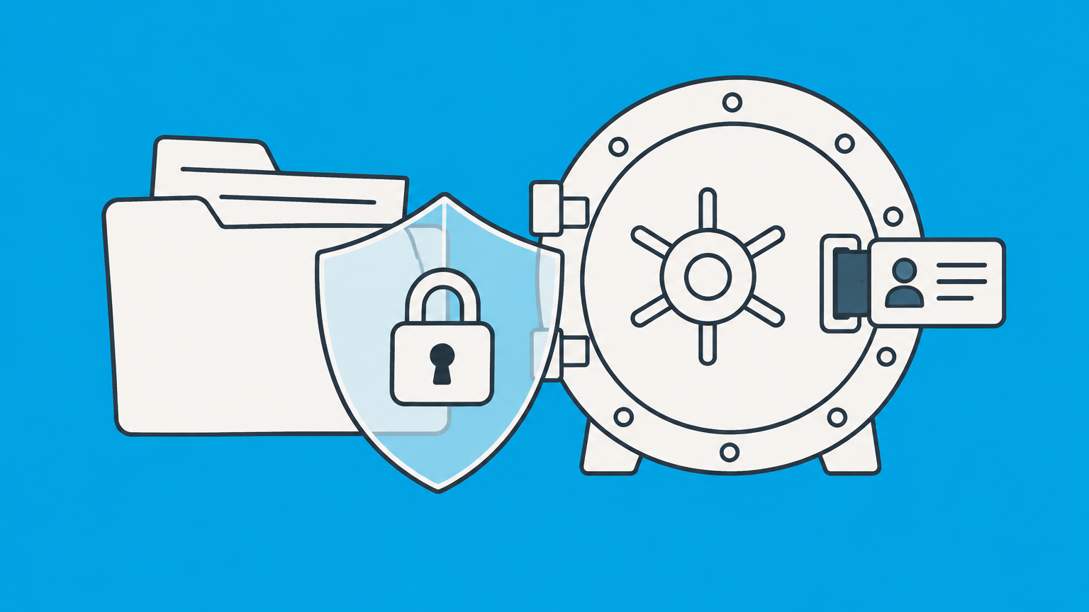 Flat illustration of a shielded business folder beside a bank vault requiring identification for a New Mexico LLC bank account.
