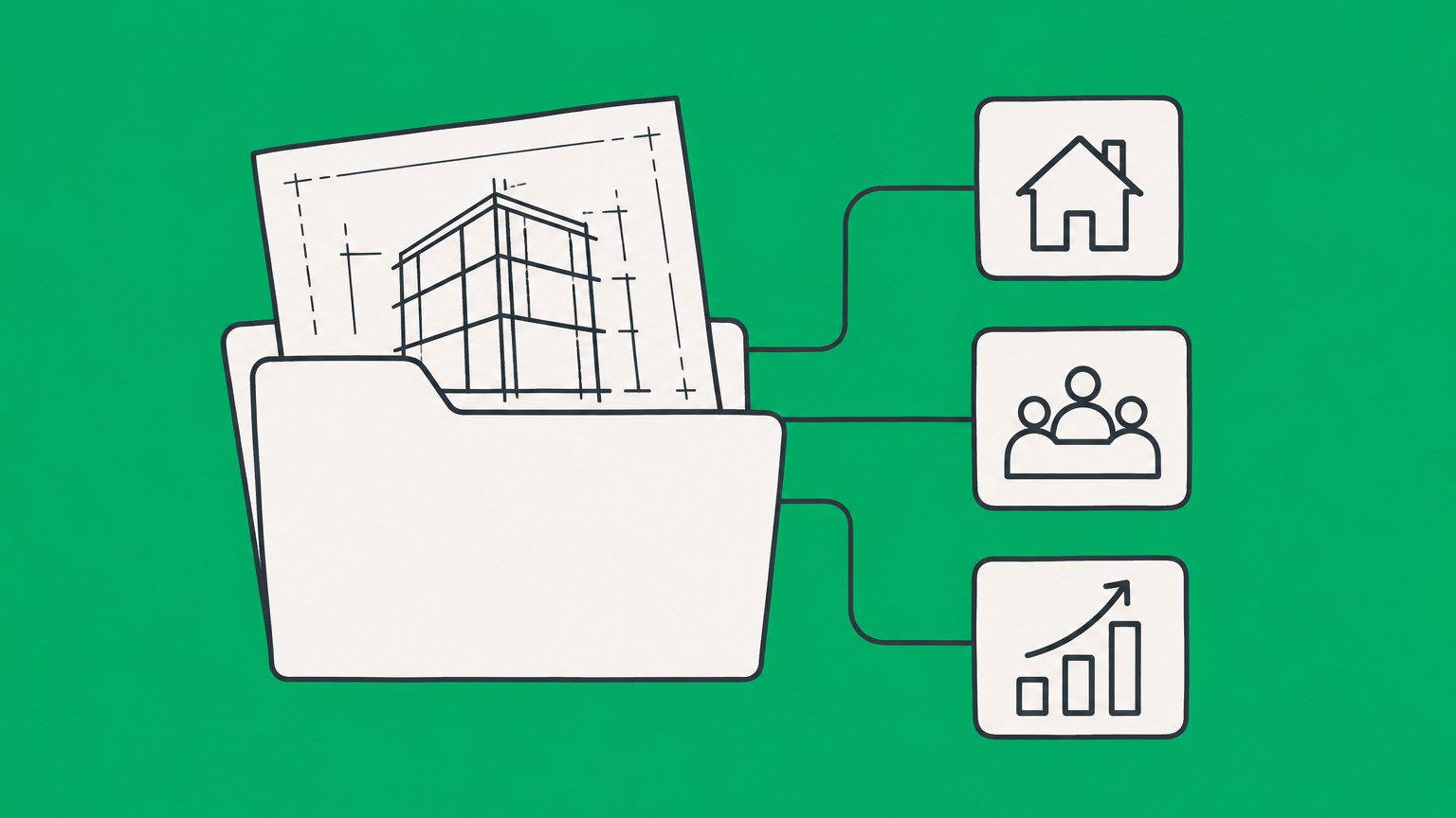 Flat illustration of a blueprint folder and connected building blocks representing a business charter.