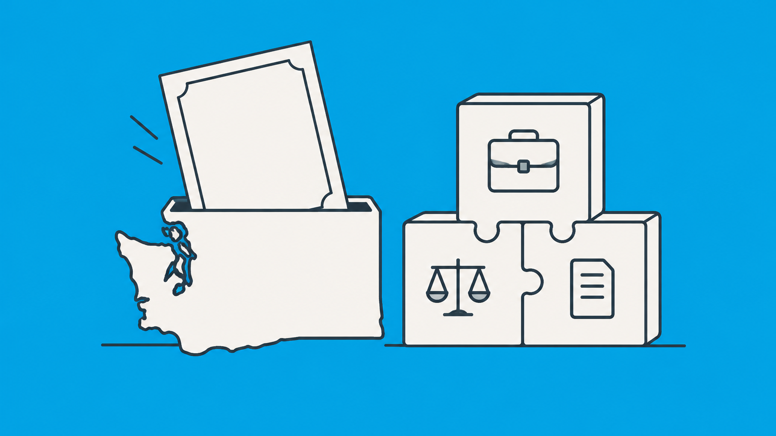 Flat illustration of a certificate entering a Washington-shaped filing tray to represent Washington State LLC Articles of Organization filing.