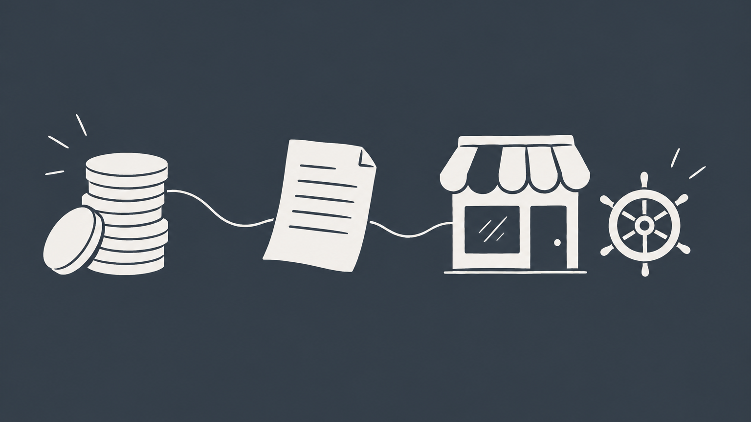 Flat illustration of coins funding a storefront through a contract while operational controls remain separate, representing a silent partnership agreement.