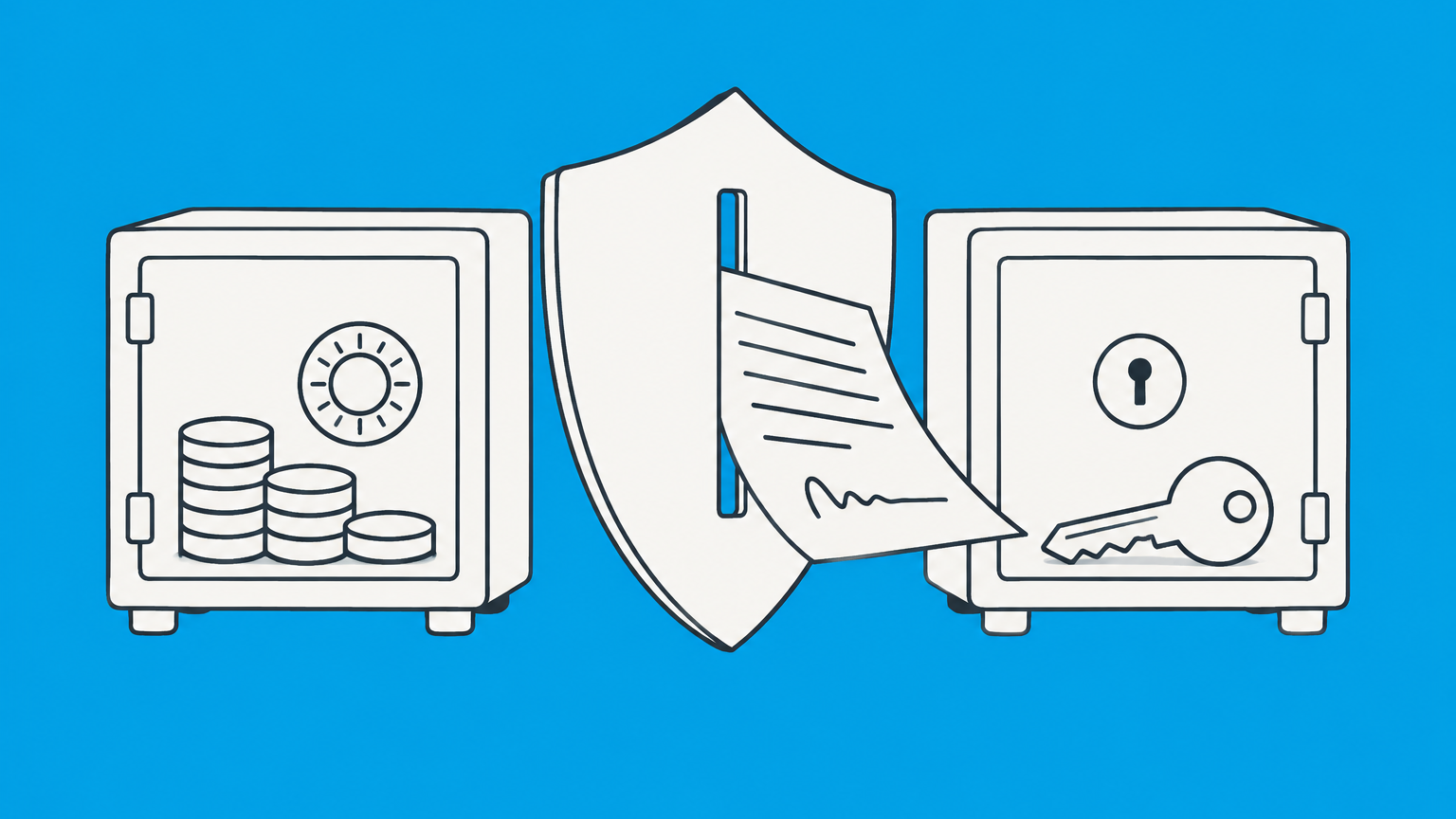 Flat illustration of separate business and personal asset compartments divided by a shield, with a signed contract crossing the barrier to represent LLC member liability.