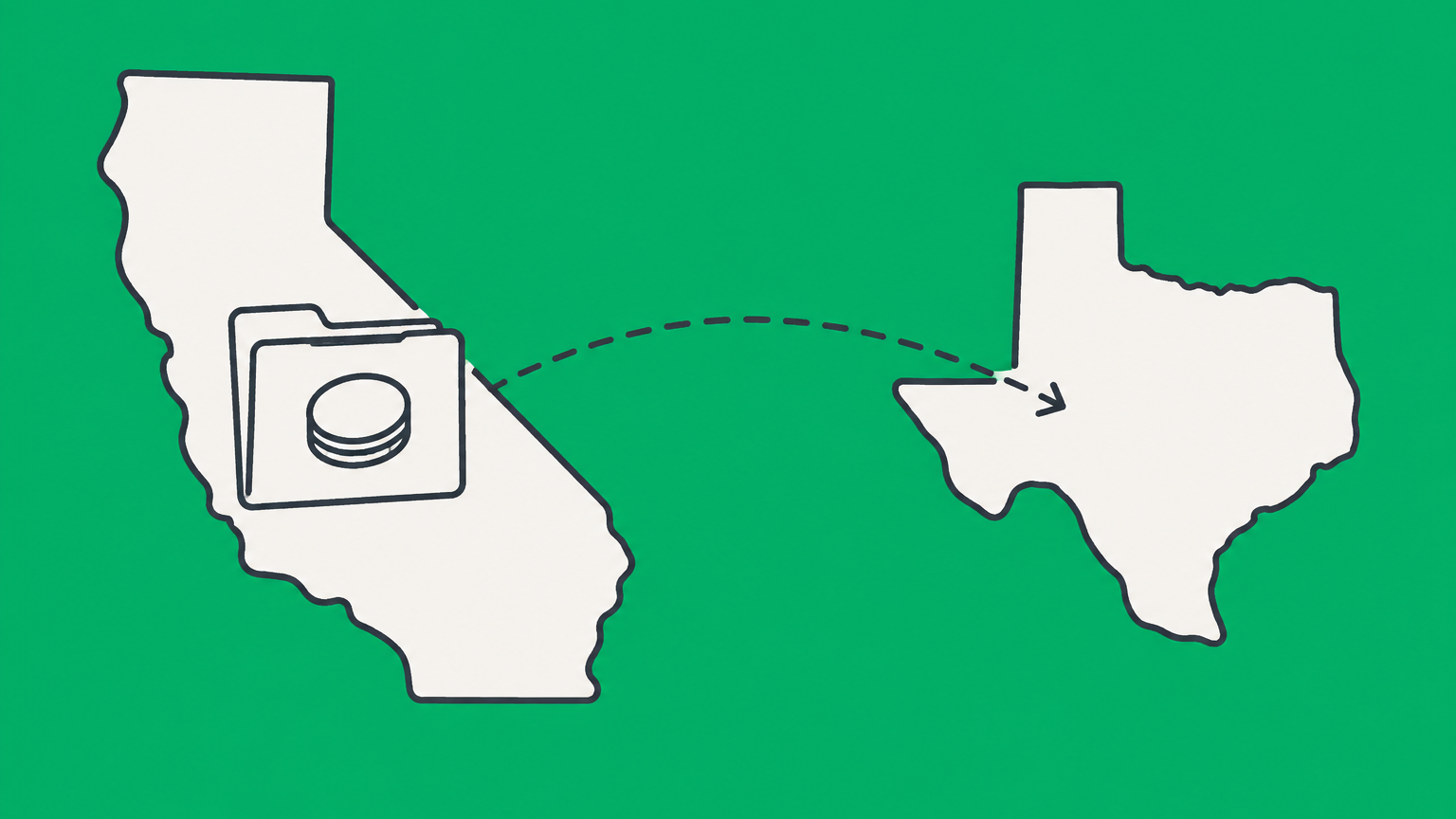 Flat illustration of an incorporation folder and coin inside a state boundary, representing domestic profit corporation status.