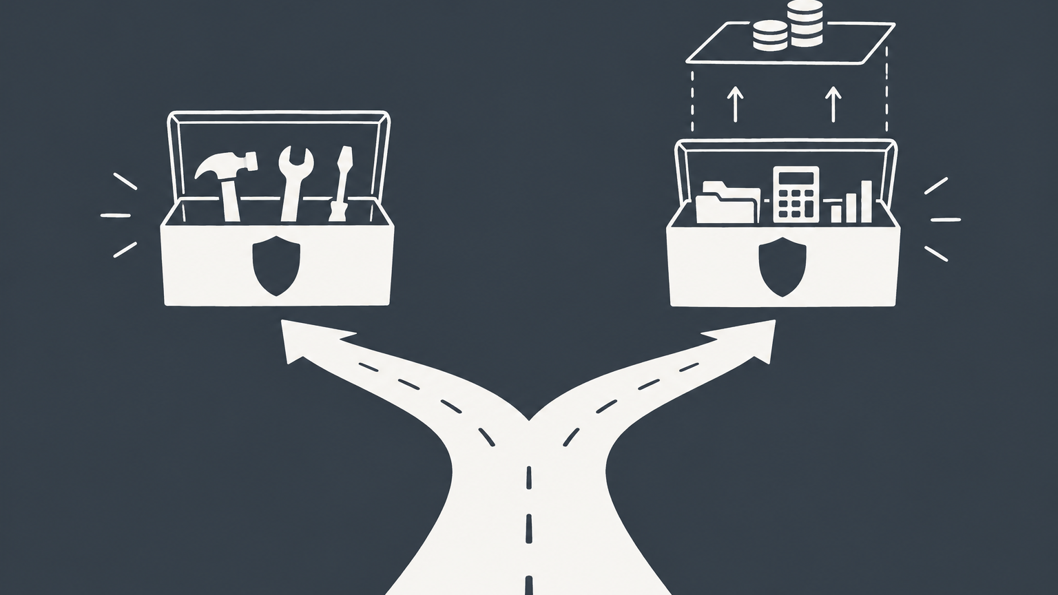 Flat illustration of a forked path, shielded toolboxes, and a removable tax layer representing the LLC vs LLP comparison and S corporation tax option.