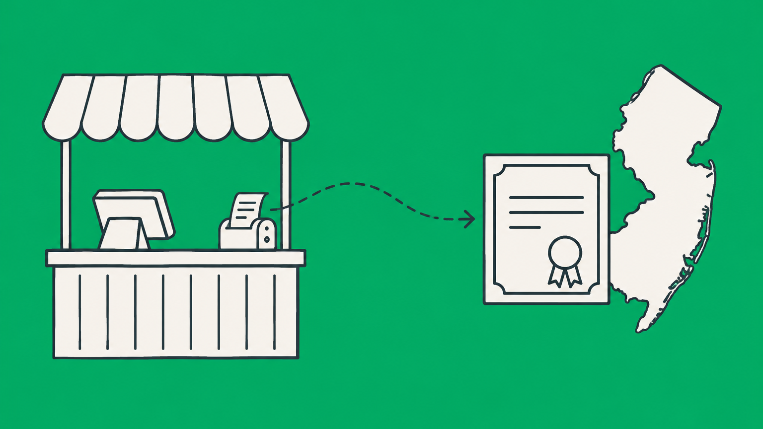 Flat illustration of a storefront receipt printer connected to a certificate and New Jersey map for NJ sales tax registration.