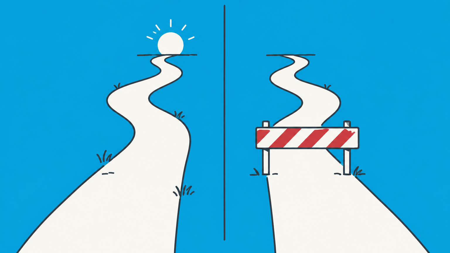 Flat illustration of two identical paths separated by a legal boundary and barrier representing mala prohibita.