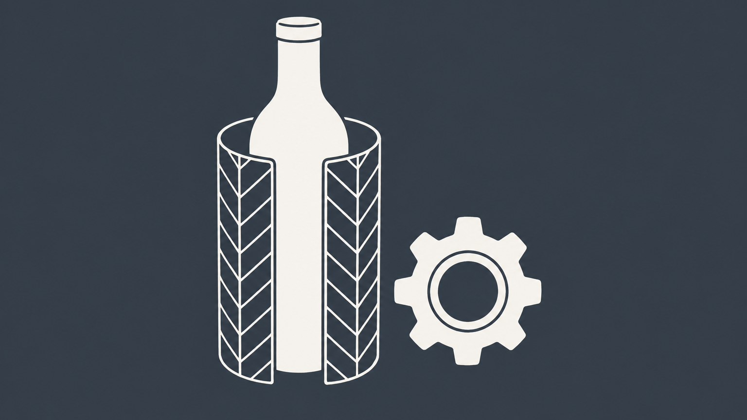 Flat illustration of a patterned shell around a plain bottle beside a gear, representing ornamental design patent protection for appearance rather than function.