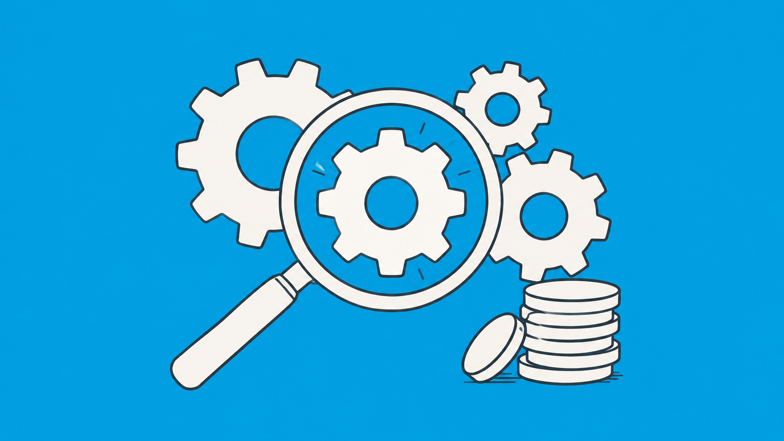 Flat illustration of a magnifying glass examining a distinctive gear beside coins to represent patent search cost.