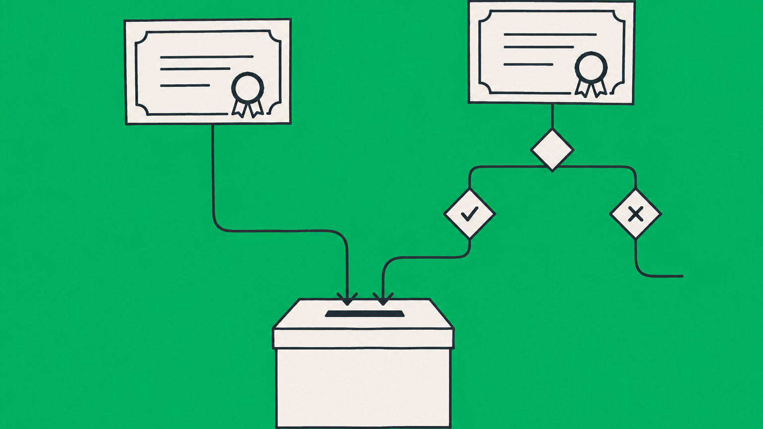Flat illustration of two share certificates and a ballot box with conditional paths representing preferred stock voting rights.