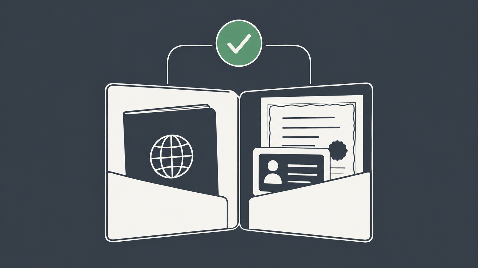 Flat illustration of an onboarding folder with alternative document combinations and a verification check representing I-9 verification.