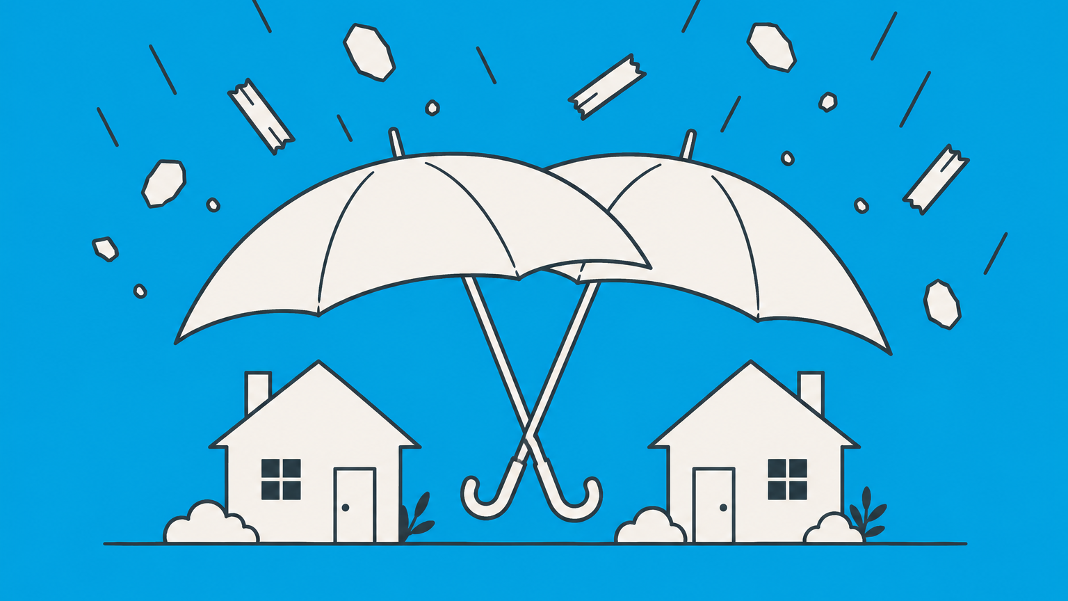 Flat illustration of two interlocking umbrellas protecting opposite parcels to represent a mutual indemnification clause.