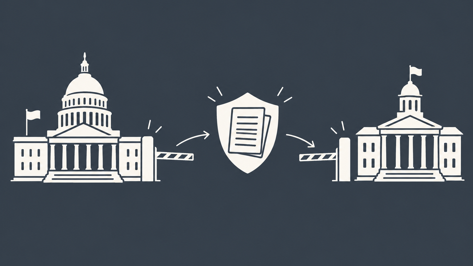 Flat illustration of a document-filled shield passing through separate federal and state approval gates for LLC tax-exempt status.