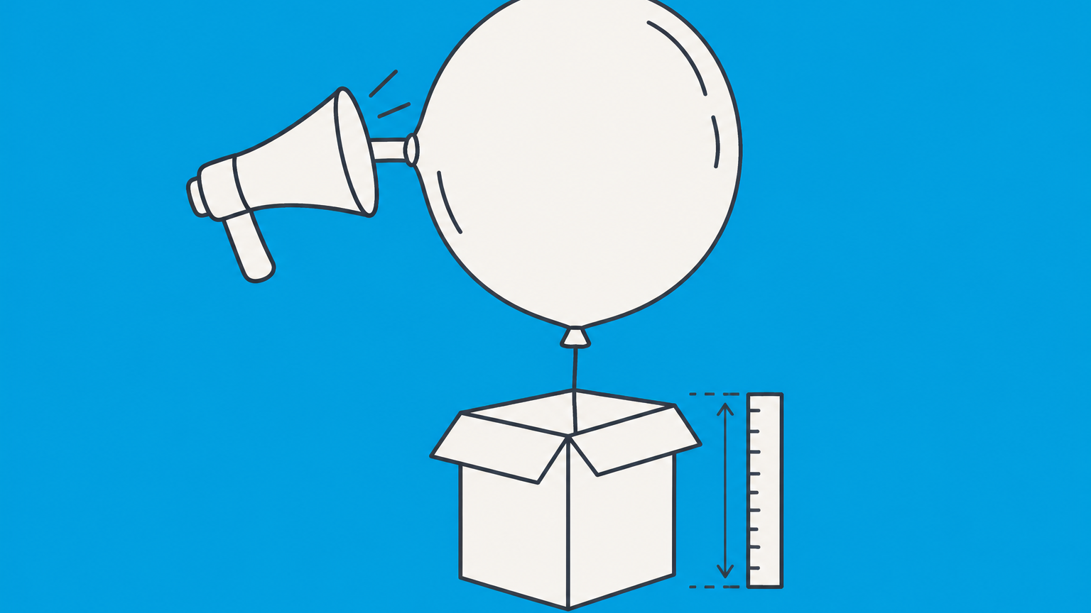 Flat illustration of a megaphone inflating a balloon beside a measured product box to represent puffing in law.