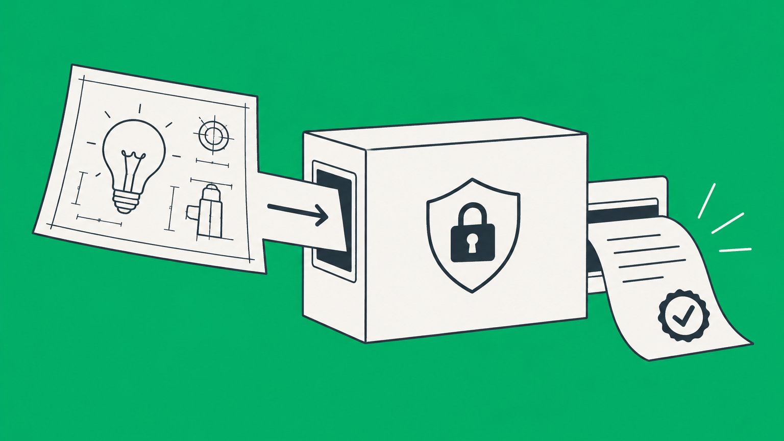 Flat illustration of an invention blueprint entering a secure filing tray and producing a dated receipt for filing a provisional patent application.